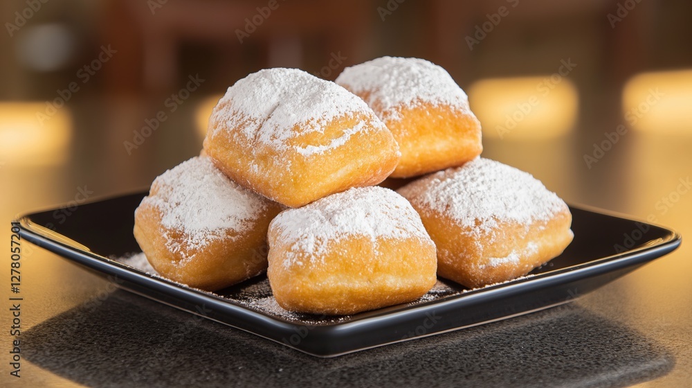 Poster black rectangular plate with six doughnuts on it. the doughnuts are golden brown in color and are du