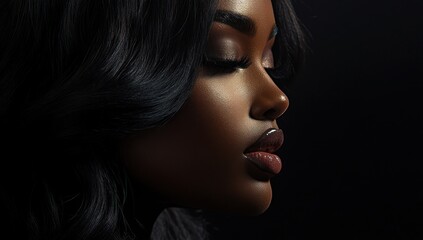 A close-up portrait of a beautiful black woman with long shiny hair and make-up . Haircare, beauty and cosmetics concept.