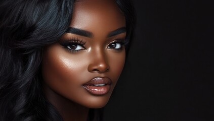 Fototapeta premium A close-up portrait of a beautiful black woman with long shiny hair and make-up . Haircare, beauty and cosmetics concept.