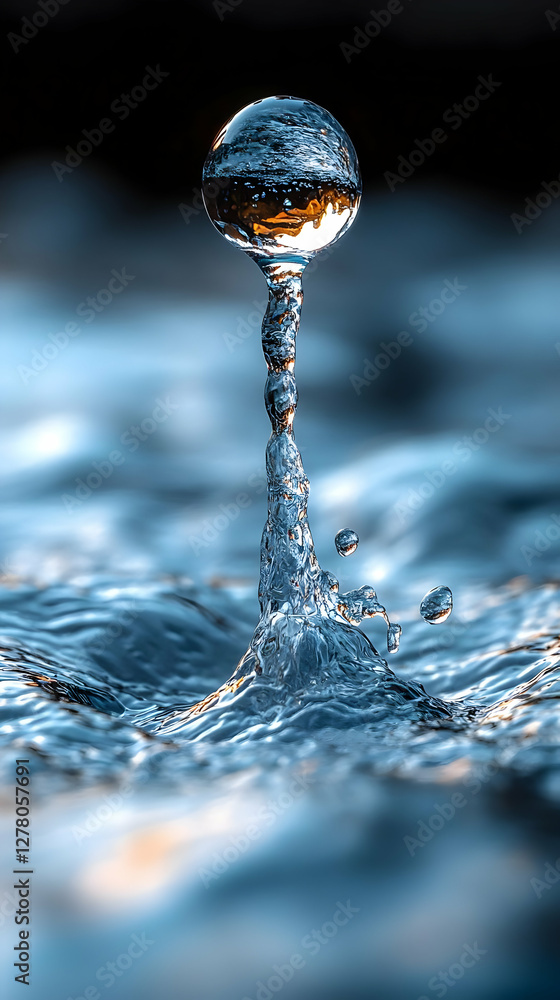 Poster abstract water drop collision photography with circular splash on a blurred background