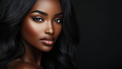 Fototapeta premium A close-up portrait of a beautiful black woman with long shiny hair and make-up . Haircare, beauty and cosmetics concept.