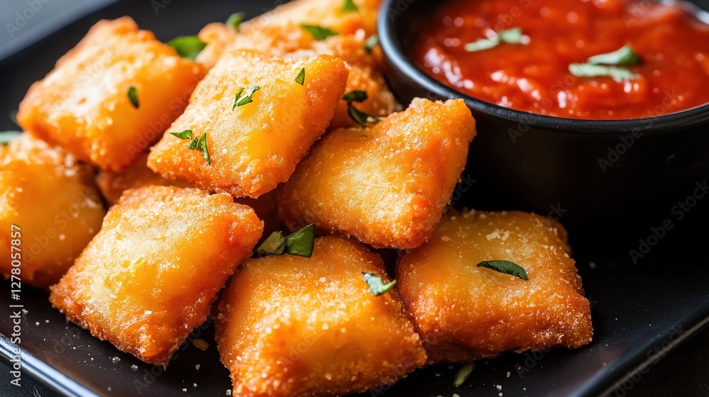 Poster black plate with a pile of golden-brown, crispy tater tots on it. the tots are arranged in a circula