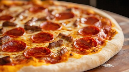 Close-up of a pepperoni pizza on a wooden cutting board. the pizza is round and has a golden-brown crust. it is topped with thin slices of pepperoni, which are arranged in a circular pattern.