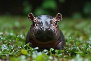 Fototapeta premium Baby hippo in grassy jungle