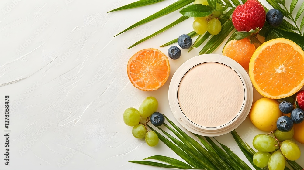 Aufkleber close up of a sleek minimal makeup compact resting next to a platter of vibrant tropical fruits with
