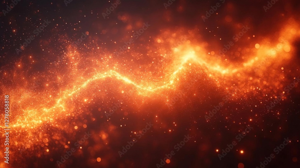 Poster golden particle stream flowing through dark space background with spark and dynamic effect