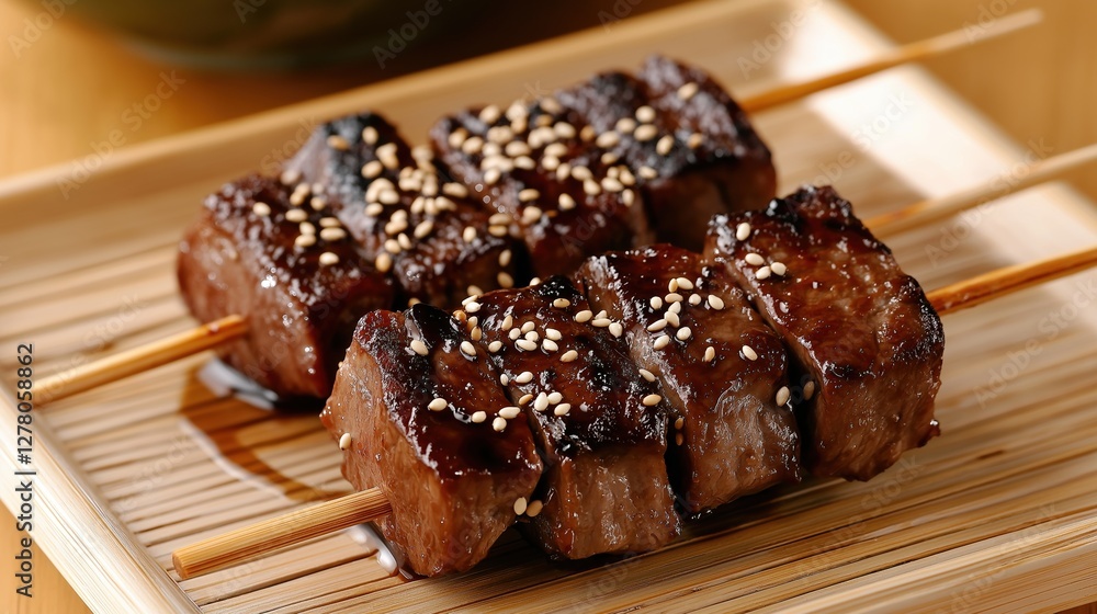 Poster Plate of grilled meat skewers on a bamboo mat. the skewers are arranged in a row and are covered in a dark brown sauce with sesame seeds sprinkled on top.