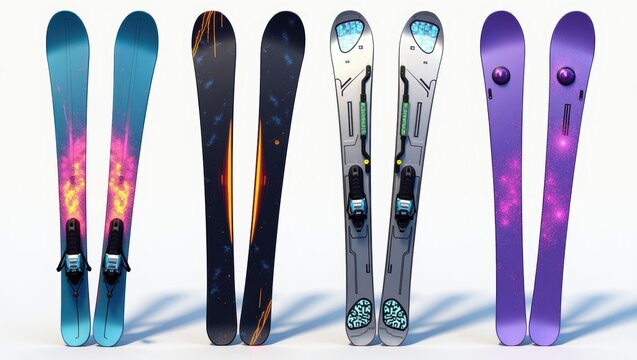 Stylish Ski Pair Set Collection Modern Designs Colorful Graphics Winter Sports Equipment