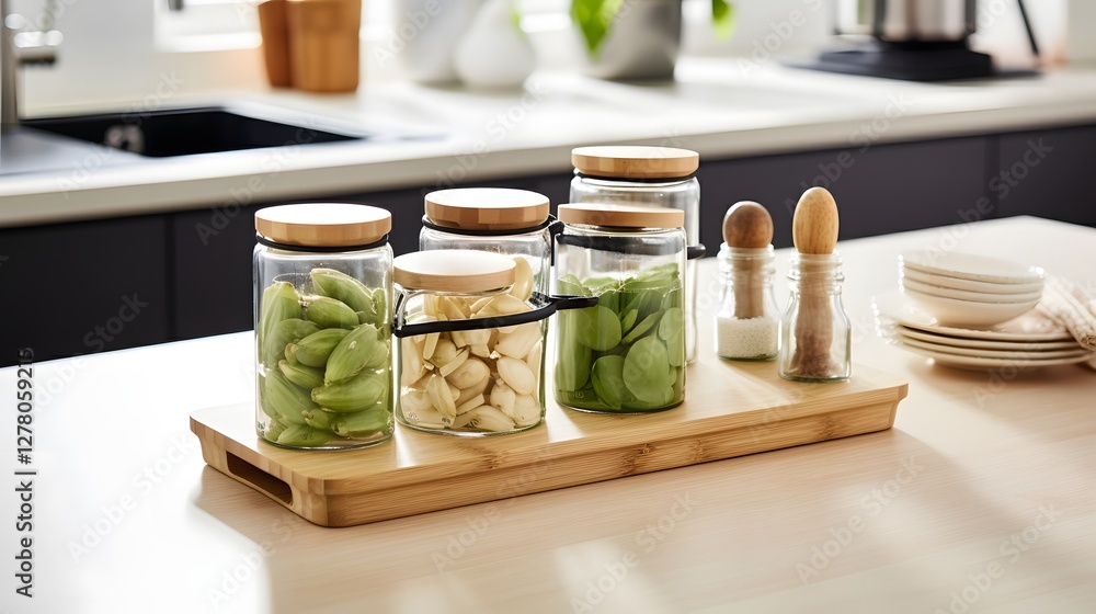 Poster Beautifully arranged set of refillable glass jars with natural bamboo lids displayed elegantly on a kitchen shelf  The simple minimalist design and use of natural materials create a clean