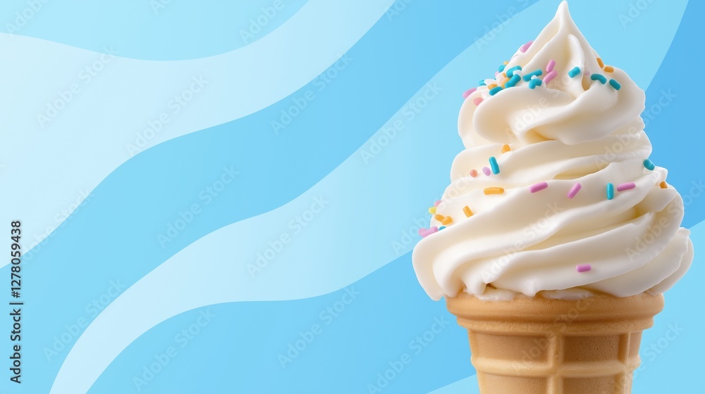 Poster digital illustration of an ice cream cone. the cone is made of waffle and is placed on a light blue 