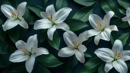 Naklejka premium Beautiful white lilies and green leaves arranged in a floral composition