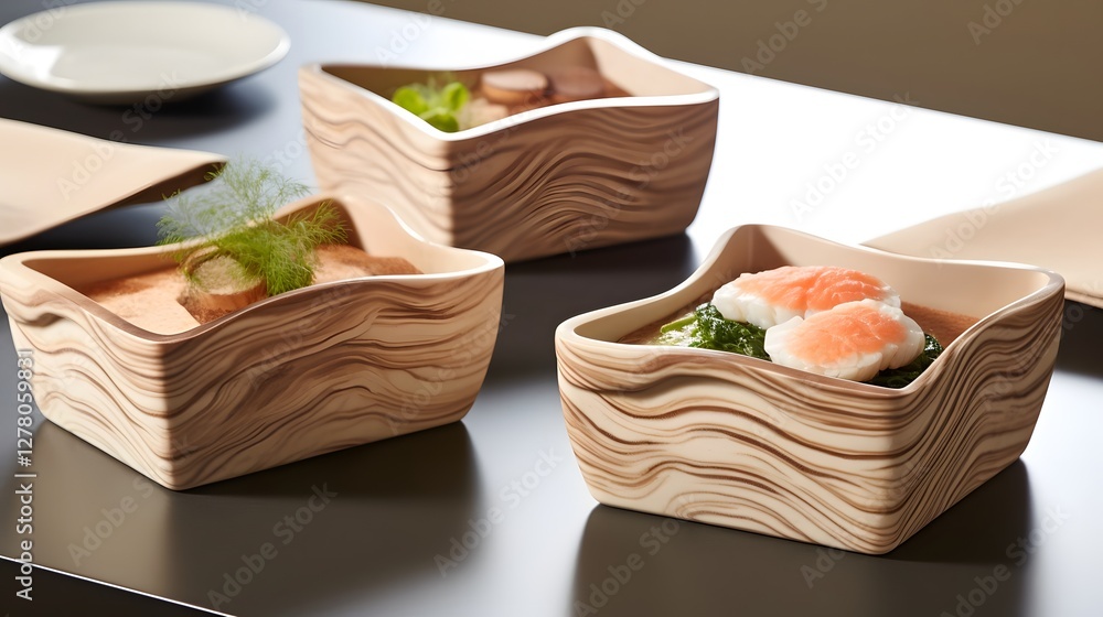 Poster beautifully designed takeout box made from molded pulp fiber displayed in a clean and minimalist stu