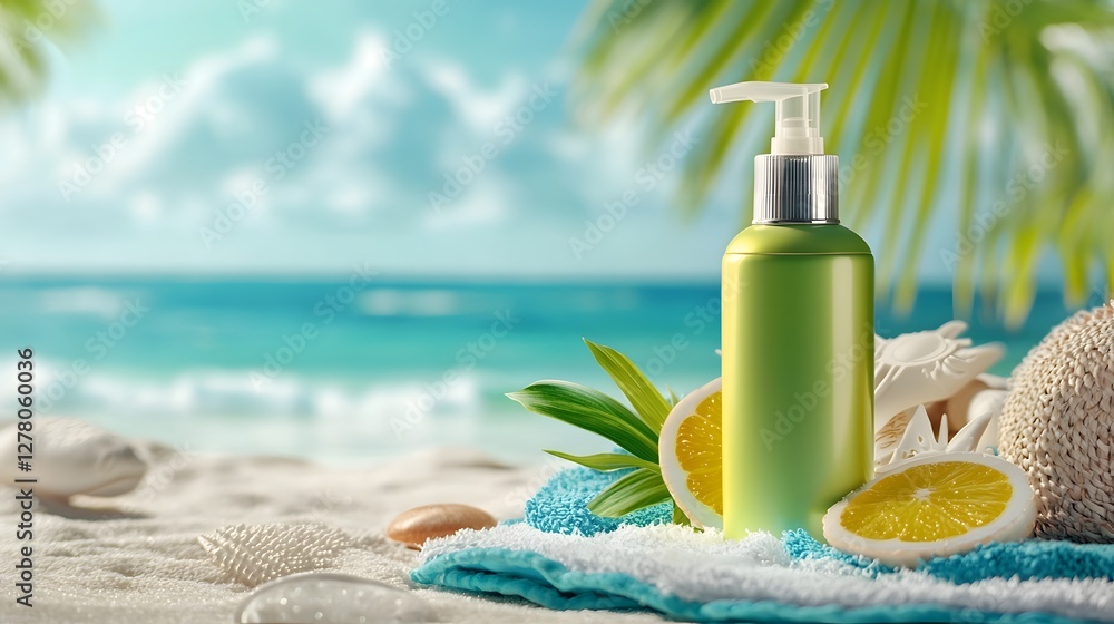 Poster a photograph of a neon yellow glow enhancing setting spray bottle resting on a soft white beach towe
