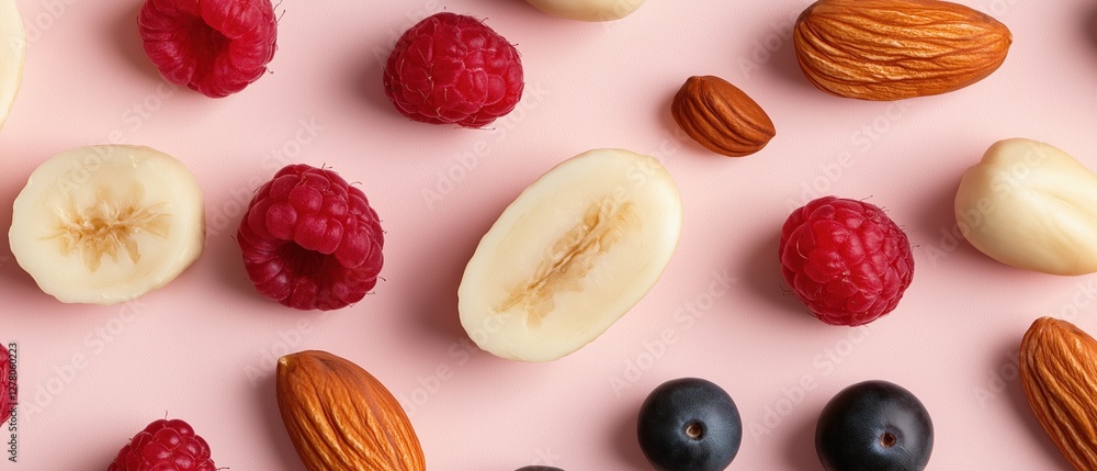Poster flat lay of various fruits and nuts arranged in a circular pattern on a pink background.