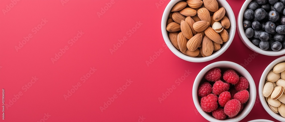 Poster four small white bowls filled with different types of nuts and berries. the bowls are arranged in a 