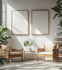 Cozy and Bright Living Room with Elegant Wooden Chairs and Plants