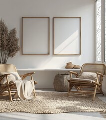 Cozy Minimalist Living Room with Rattan Chairs and Natural Decor