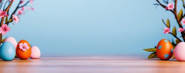 A vibrant Easter scene featuring colorful decorated eggs and delicate blossoms against a soft blue background.