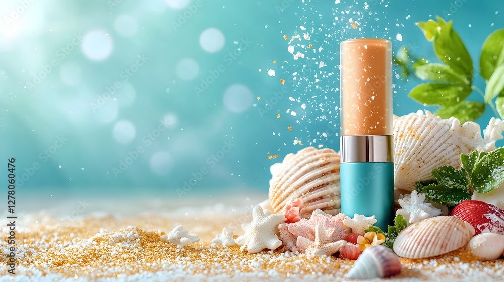 Aufkleber Glowing neon orange waterproof concealer stick resting on a shimmering seashell with soft golden sand in the background providing a serene and luxurious product display with ample copy space
