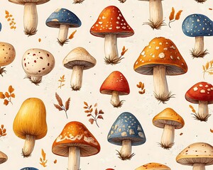Autumn Mushroom Pattern with Foliage
