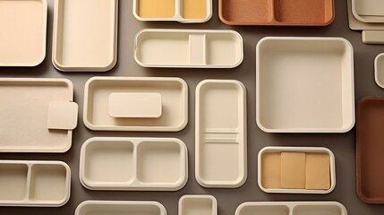 Closeup of neatly arranged compostable food trays showcasing minimalist branding and design for an eco friendly sustainable dining experience