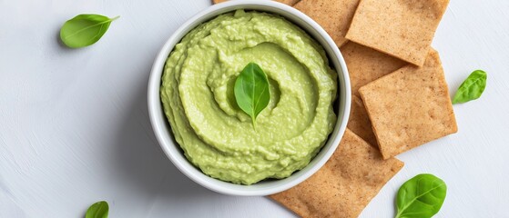 Obraz premium White bowl filled with a creamy green dip. the dip appears to be made with avocado and has a smooth texture. it is garnished with a single green basil leaf on top.