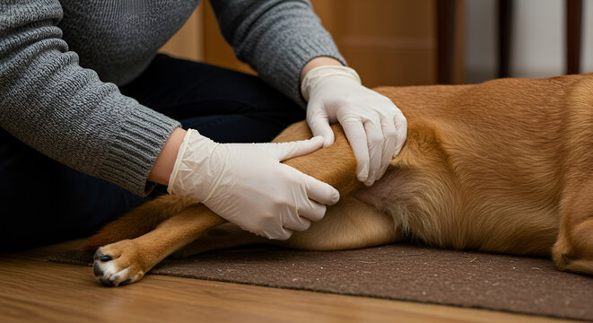 Arthritis in dogs, a vet examines the leg of the dog to see for potential injury	