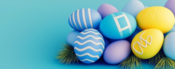 Obraz premium A colorful assortment of decorative Easter eggs resting on a blue background, highlighting various patterns and vibrant hues.