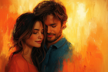 A romantic moment of a couple in a behind hug, with the woman leaning into the man, set against a warm sunset-colored background, exuding love and affection