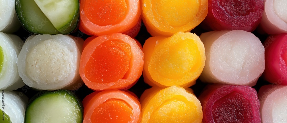 Poster close-up of a group of sliced vegetables arranged in a circular pattern. the vegetables appear to be