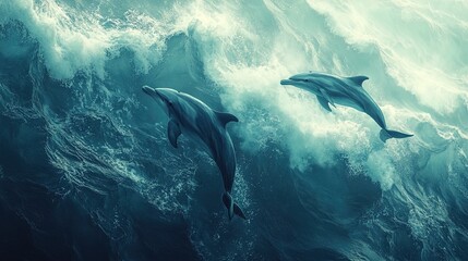 Fototapeta premium Playful dolphins swimming in sparkling ocean waves 