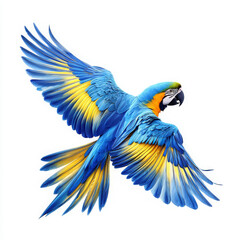 Fototapeta premium Vibrant Blue and Yellow Parrot in Mid-Flight Against White Background