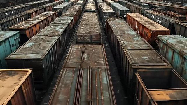 Aerial view of abandoned freight train cars lined up in a rusting storage yard, with overgrown vegetation