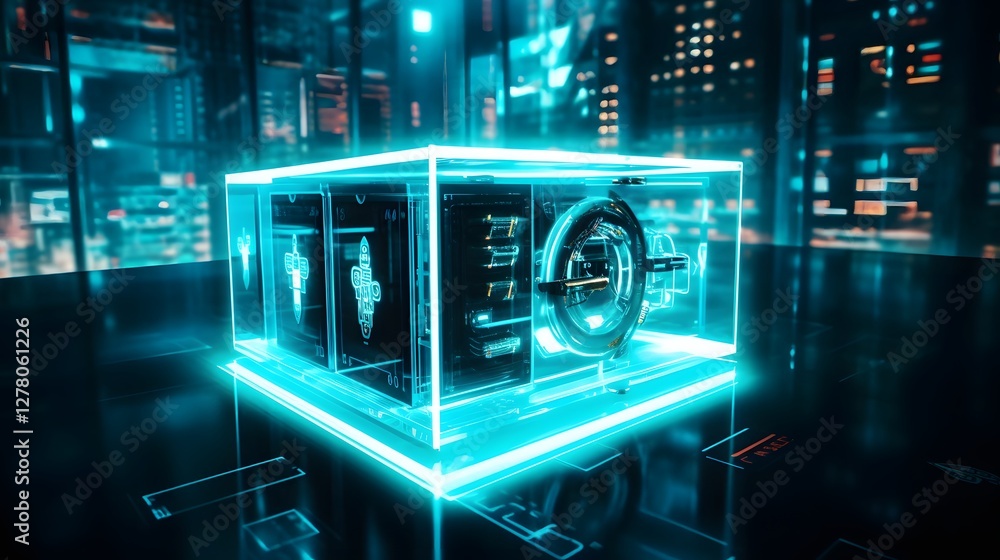 Poster a transparent vault symbolizing the secure storage and protection of digital crypto assets represent