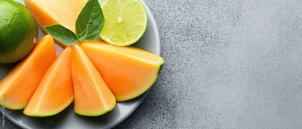 Poster flat lay of a plate with various fruits on it. on the left side of the plate, there is a whole lime 