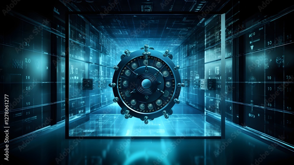 Poster transparent vault safeguarding digital crypto assets symbolizing the security and reliability of mod