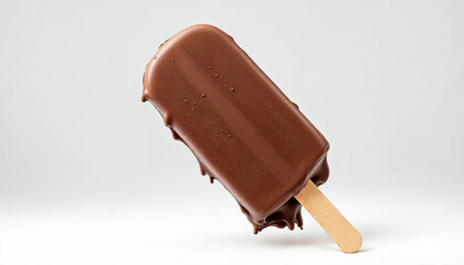 Obraz premium A frozen chocolate ice cream bar on a wooden stick, perfectly lit for a clean and appetizing advertisement.