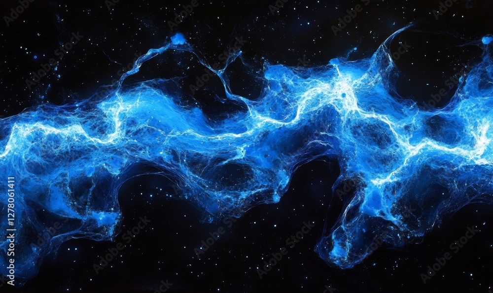 Poster an abstract image featuring a blue nebula-like structure.