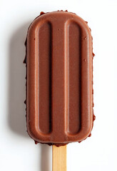 Obraz premium A frozen chocolate ice cream bar on a wooden stick, perfectly lit for a clean and appetizing advertisement.