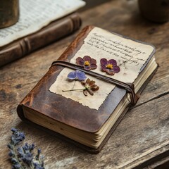 Rustic leather journal with pressed flowers, on wooden table.  Perfect for crafting, journaling, or nature blogs