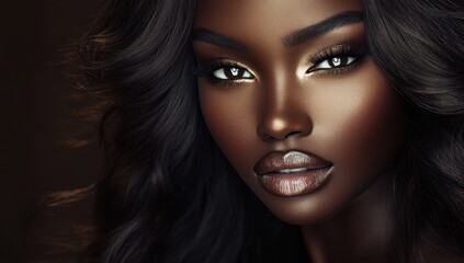 Fototapeta premium A close-up portrait of a beautiful black woman with long shiny hair and make-up . Haircare, beauty and cosmetics concept.