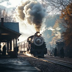 Steam train arriving at autumn station, people waiting. Travel poster