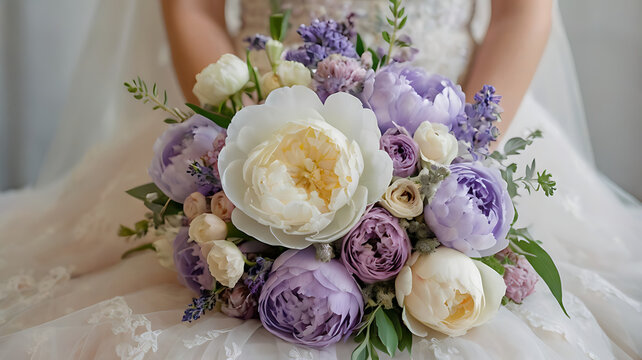 Lovely bridal bouquet of peonies and purple flowers held by a bride in a wedding dress at a spring wedding expo