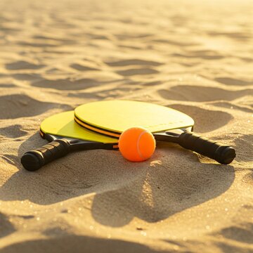 close-up of a beach paddleball set resting on soft sand under warm sunlight.