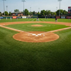 panoramic image of a lush baseball diamond with vivid green outfield and brown infield.
