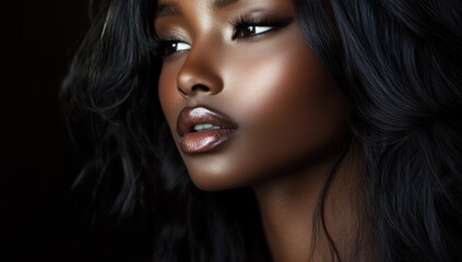 Fototapeta premium A close-up portrait of a beautiful black woman with long shiny hair and make-up . Haircare, beauty and cosmetics concept.