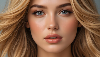 Fototapeta premium Blonde model's close-up face shows natural beauty with glamorous makeup and a sensual smile, blue eyes