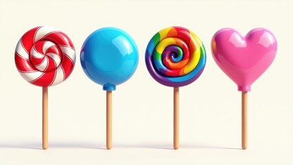 Colorful Lollipops Red Blue Rainbow Swirl Heart Shaped Candy on Sticks