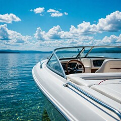 Fototapeta premium close-up of a speedboat resting beside a serene lake under a bright sky.