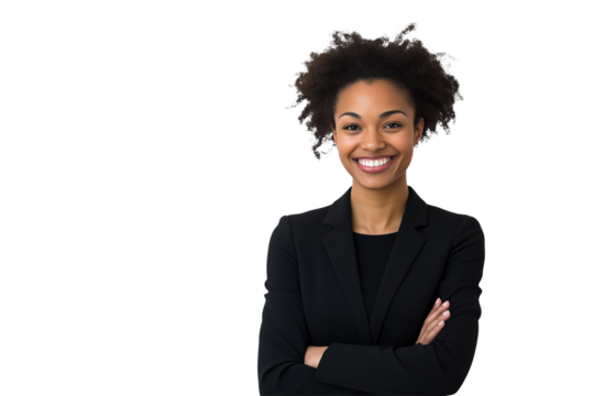 Beautiful businesswoman in a black suit smiling. PNG file isolated.